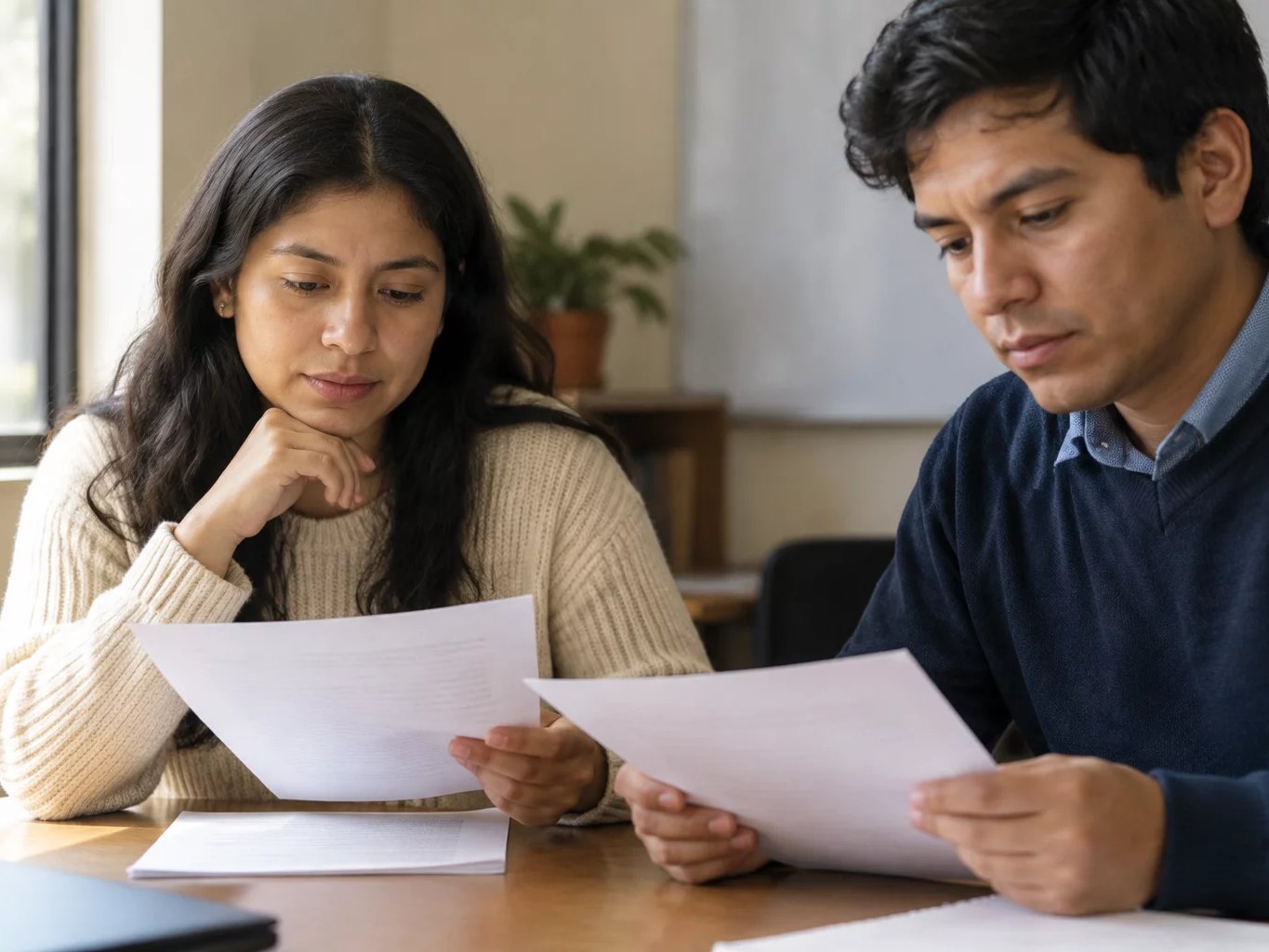 Dos personas leyendo hojas de argumento impresas en la mesa
