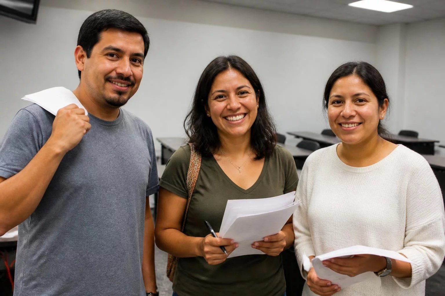 Tres adultos sonriendo al terminar una ronda, con las hojas en la mano