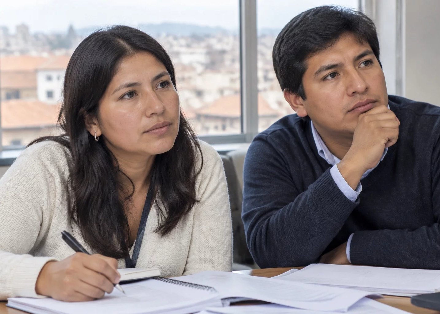 Dos adultos en una mesa de trabajo cubierta de apuntes impresos
